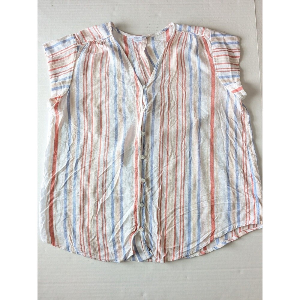 Liz Claiborne White Pastel Blue Coral Stripe Button Cap Sleeve Top